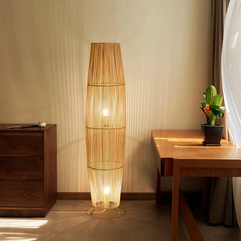 Traditional Japanese Openwork Rattan Weaving Column 2-Light Standing Floor Lamp For Living Room