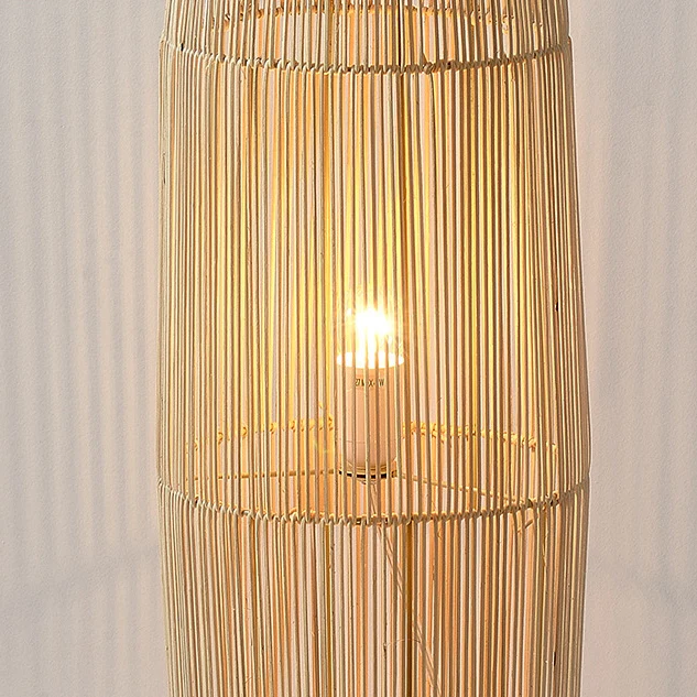 Traditional Japanese Openwork Rattan Weaving Column 2-Light Standing Floor Lamp For Living Room