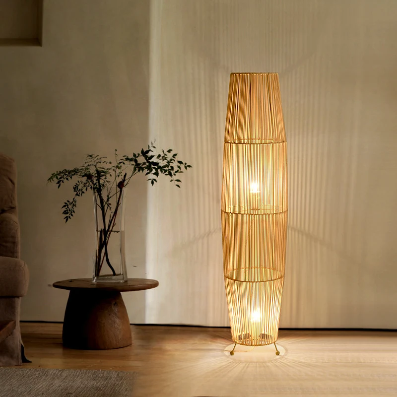 Traditional Japanese Openwork Rattan Weaving Column 2-Light Standing Floor Lamp For Living Room
