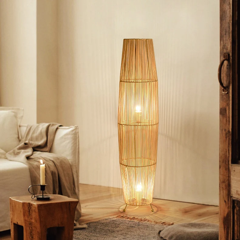 Traditional Japanese Openwork Rattan Weaving Column 2-Light Standing Floor Lamp For Living Room