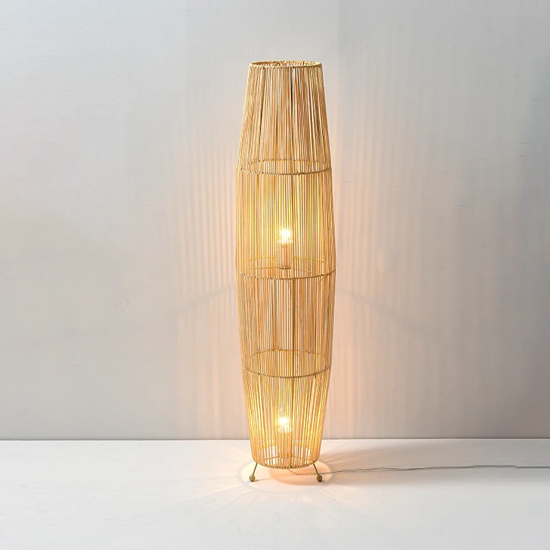 Traditional Japanese Openwork Rattan Weaving Column 2-Light Standing Floor Lamp For Living Room