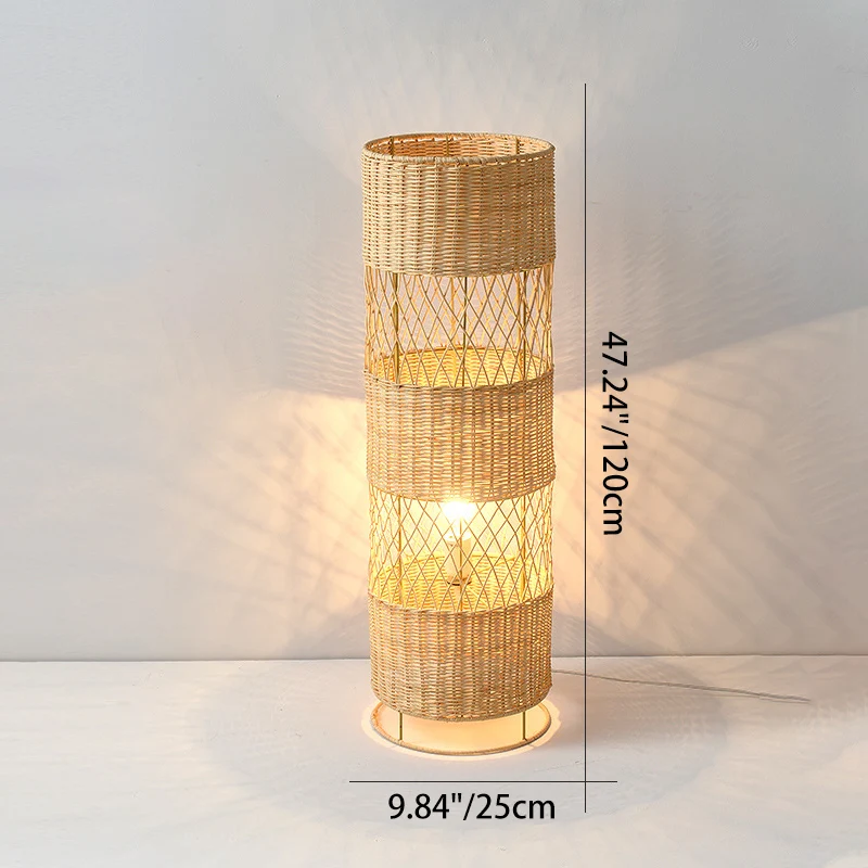 Traditional Japanese Openwork Rattan Weaving Cylinder 1-Light Standing Floor Lamp For Living Room