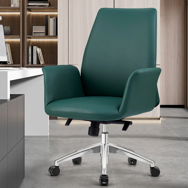 Modern Luxury Square Cowhide Leather Contact Surface Swivel Desk Chair Backrest Casters For Home Office