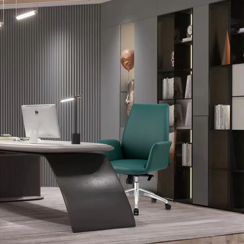 Modern Luxury Square Cowhide Leather Contact Surface Swivel Desk Chair Backrest Casters For Home Office
