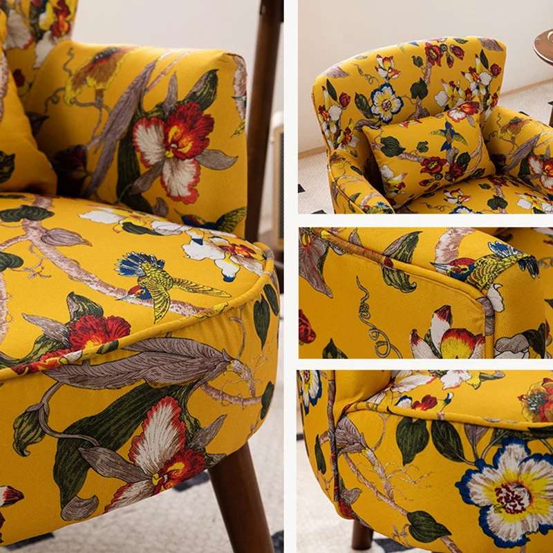 Traditional French Flower Patterned Cotton Linen Plywood Upholstered Accent Chair Backrest Armrest For Living Room
