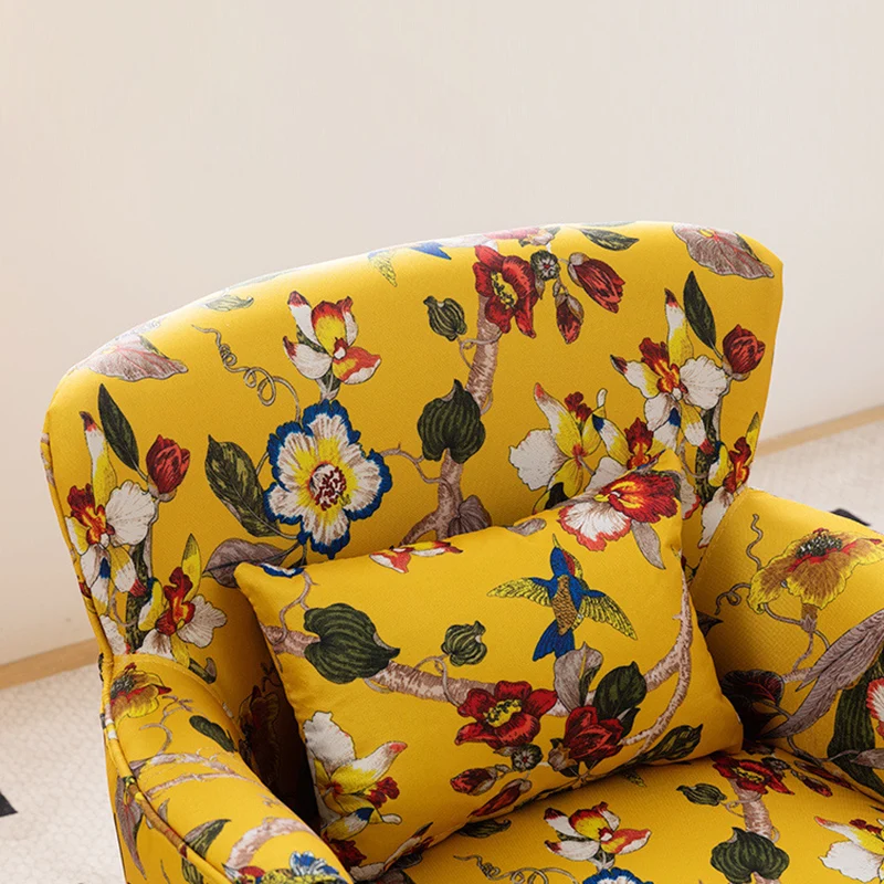 Traditional French Flower Patterned Cotton Linen Plywood Upholstered Accent Chair Backrest Armrest For Living Room
