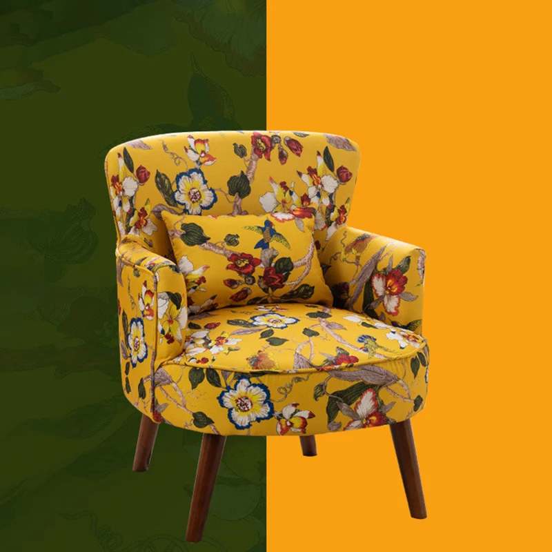 Traditional French Flower Patterned Cotton Linen Plywood Upholstered Accent Chair Backrest Armrest For Living Room