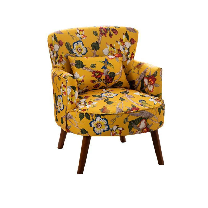 Traditional French Flower Patterned Cotton Linen Plywood Upholstered Accent Chair Backrest Armrest For Living Room