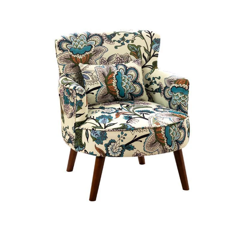 Traditional French Flower Patterned Cotton Linen Plywood Upholstered Accent Chair Backrest Armrest For Living Room