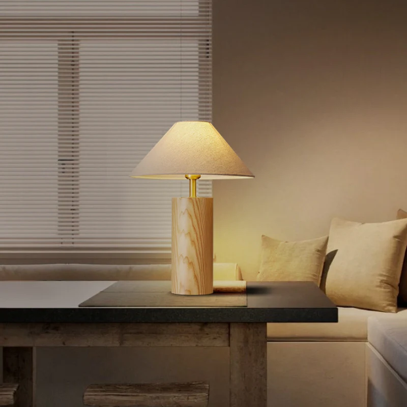 Traditional Japanese Cylindrical Trapezoidal Solid Wood Base Brass Frame Fabric Shade 1-Light Table Lamp For Bedroom