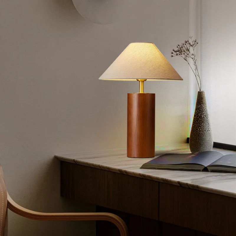 Traditional Japanese Cylindrical Trapezoidal Solid Wood Base Brass Frame Fabric Shade 1-Light Table Lamp For Bedroom