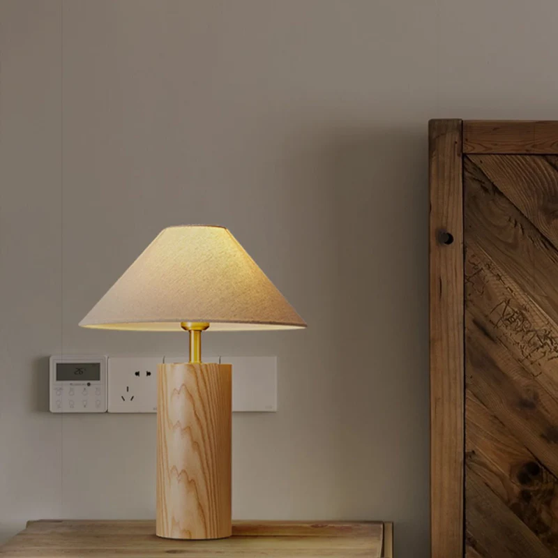 Traditional Japanese Cylindrical Trapezoidal Solid Wood Base Brass Frame Fabric Shade 1-Light Table Lamp For Bedroom
