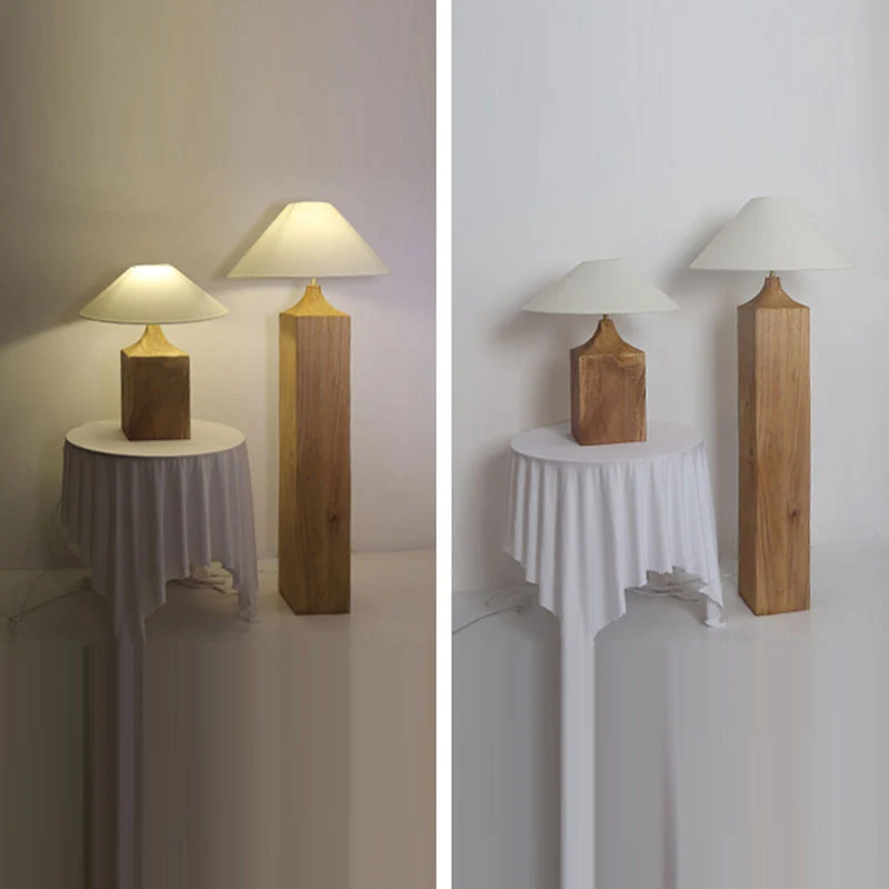 Traditional Japanese Cone Solid Wood Linen 1-Light Standing Floor Lamp For Living Room