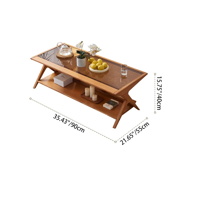 Traditional Japanese Rectangle Triangle Support Glass Ash Wood Rattan End Table 2-Tier For Living Room