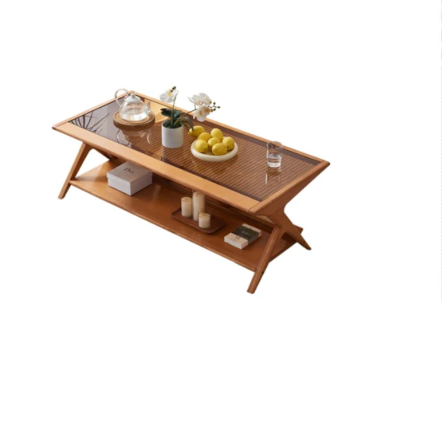 Traditional Japanese Rectangle Triangle Support Glass Ash Wood Rattan End Table 2-Tier For Living Room