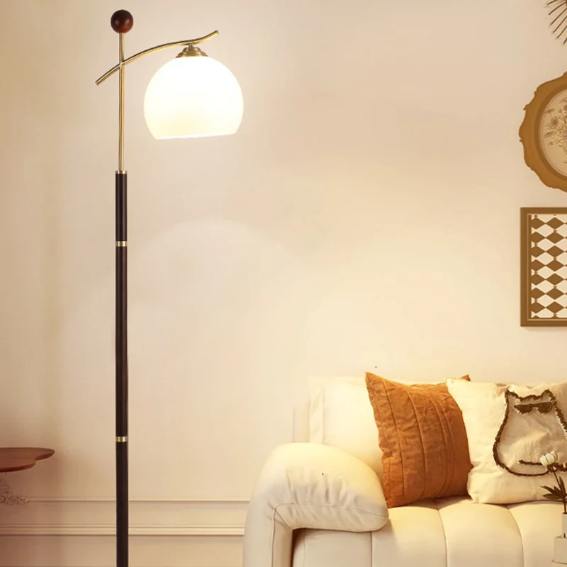 Contemporary Nordic Round Cone Pleated Rubberwood Copper Marble Glass PVC 1-Light Standing Floor Lamp For Living Room