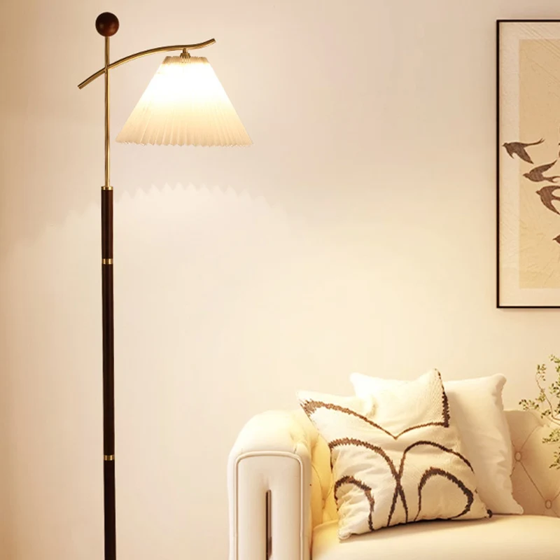 Contemporary Nordic Round Cone Pleated Rubberwood Copper Marble Glass PVC 1-Light Standing Floor Lamp For Living Room