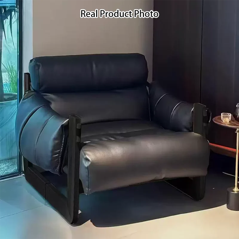 Traditional Vintage Rectangular Rubberwood Faux Oil Wax Leather Accent Chair Backrest Armrest For Living Room