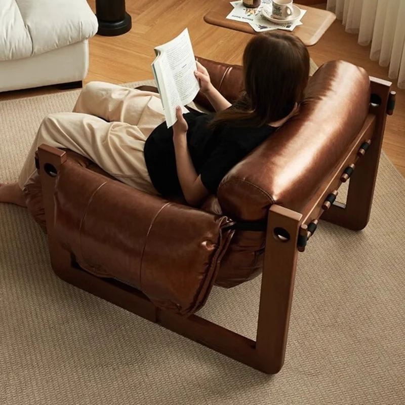 Traditional Vintage Rectangular Rubberwood Faux Oil Wax Leather Accent Chair Backrest Armrest For Living Room