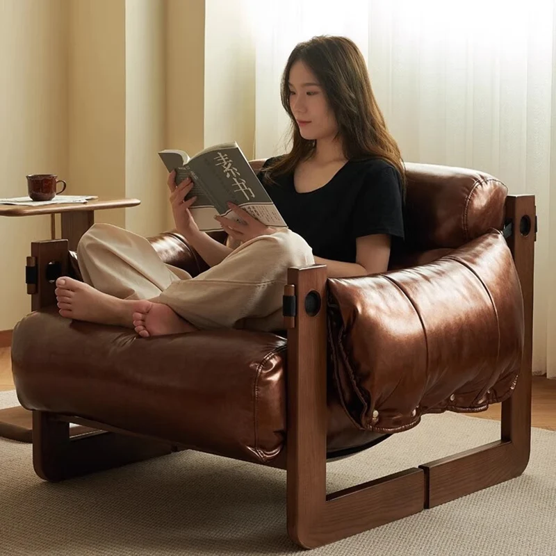 Traditional Vintage Rectangular Rubberwood Faux Oil Wax Leather Accent Chair Backrest Armrest For Living Room