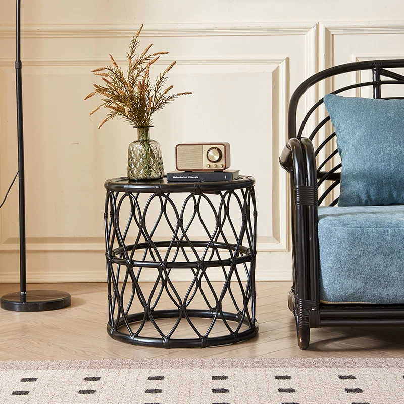 Contemporary Scandinavian Weaving Cylinder Rattan Plywood Side Table 1 - Tier For Living Room
