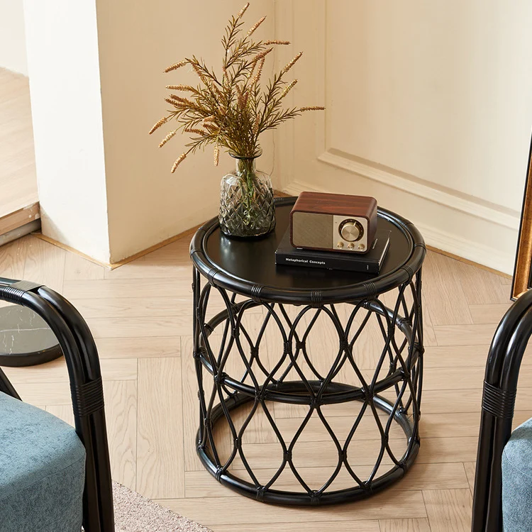 Contemporary Scandinavian Weaving Cylinder Rattan Plywood Side Table 1 - Tier For Living Room