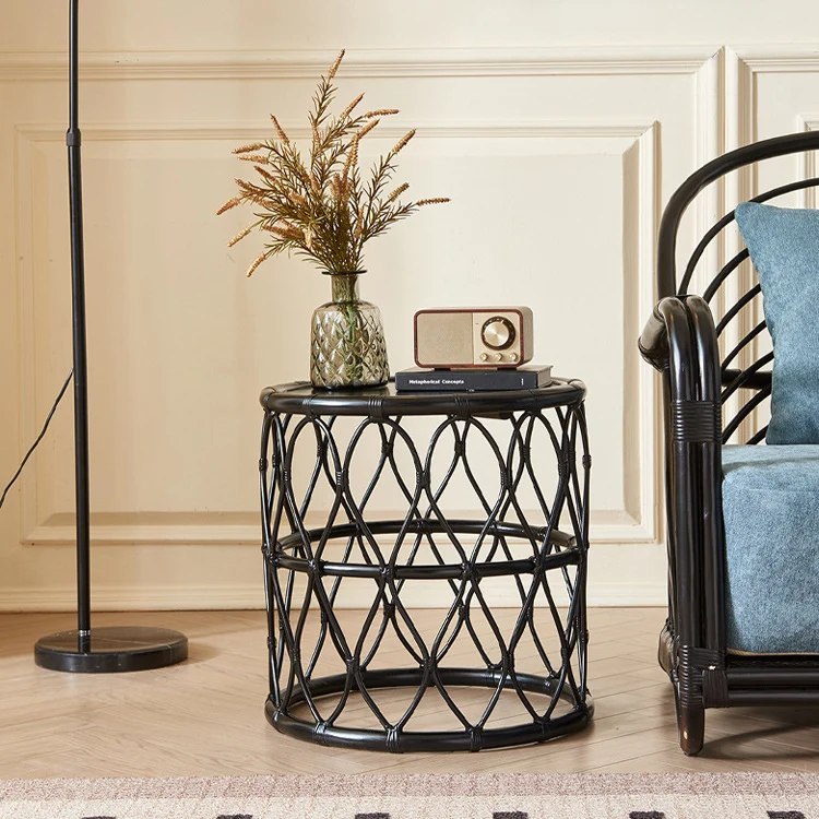 Contemporary Scandinavian Weaving Cylinder Rattan Plywood Side Table 1 - Tier For Living Room