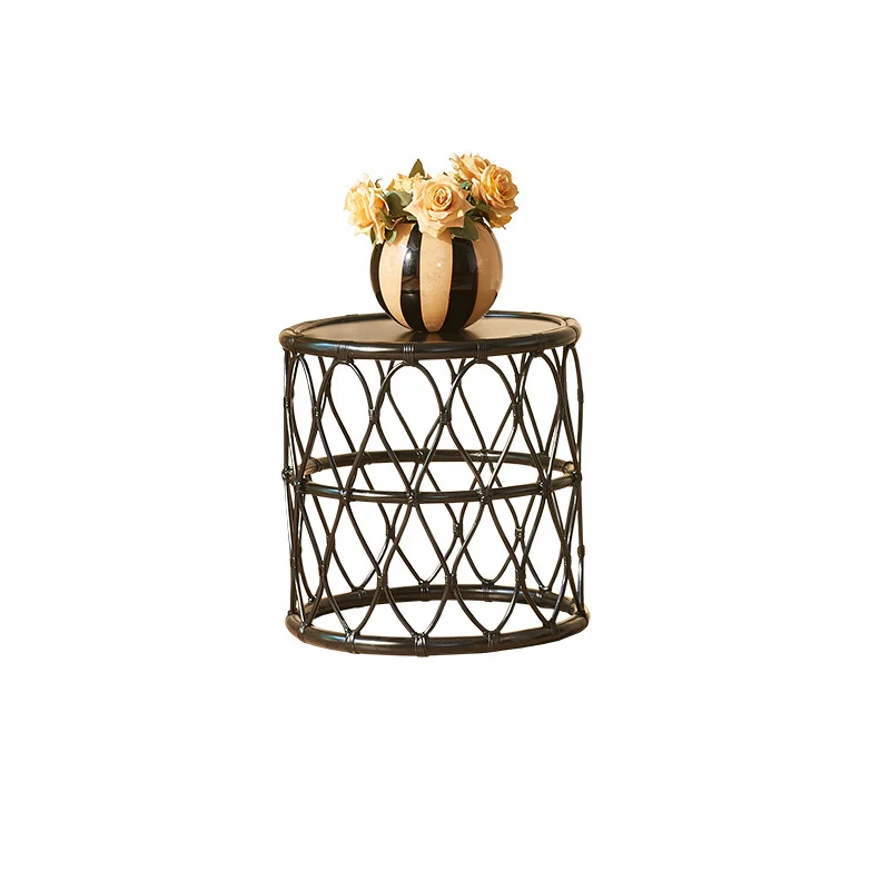 Contemporary Scandinavian Weaving Cylinder Rattan Plywood Side Table 1 - Tier For Living Room