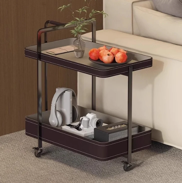 Contemporary Scandinavian Rectangle Saddle-Style Faux Leather Stainless Steel Side Table 2 - Tier For Living Room