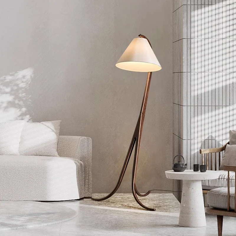 Traditional Japanese Conical Fabric Shade Arc Solid Wood 1-Light Standing Floor Lamp For Living Room