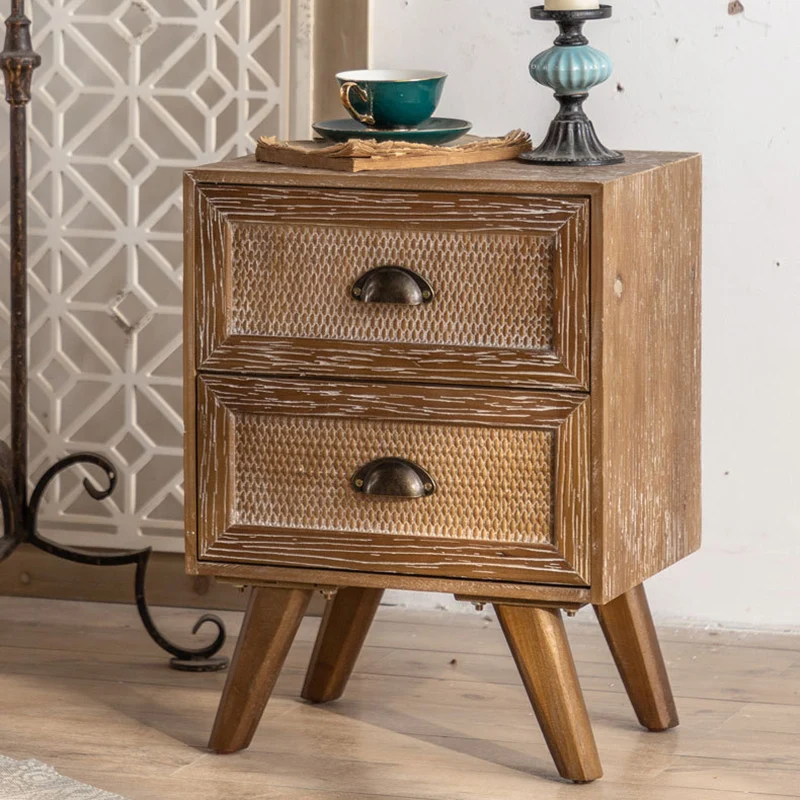 Contemporary Retro Rectangular Bamboo-Look Finish Fir Wood MDF Nightstand 2-Drawer Cabinet For Bedroom