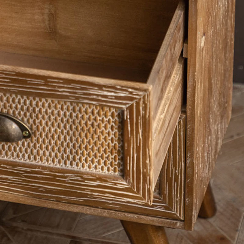 Contemporary Retro Rectangular Bamboo-Look Finish Fir Wood MDF Nightstand 2-Drawer Cabinet For Bedroom