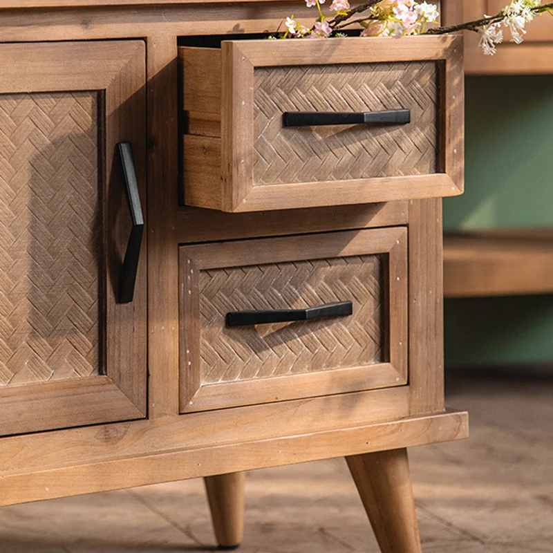 Contemporary Retro Rectangular Bamboo-Look Finish Fir Wood MDF Nightstand 2-Drawer Cabinet For Bedroom