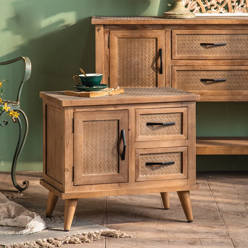 Contemporary Retro Rectangular Bamboo-Look Finish Fir Wood MDF Nightstand 2-Drawer Cabinet For Bedroom