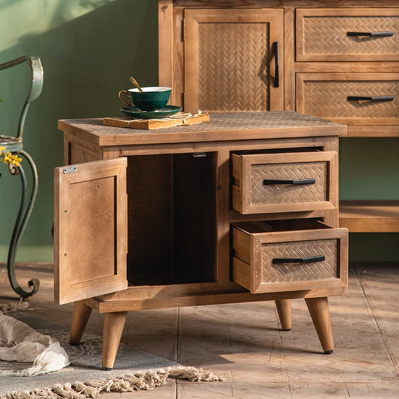 Contemporary Retro Rectangular Bamboo-Look Finish Fir Wood MDF Nightstand 2-Drawer Cabinet For Bedroom
