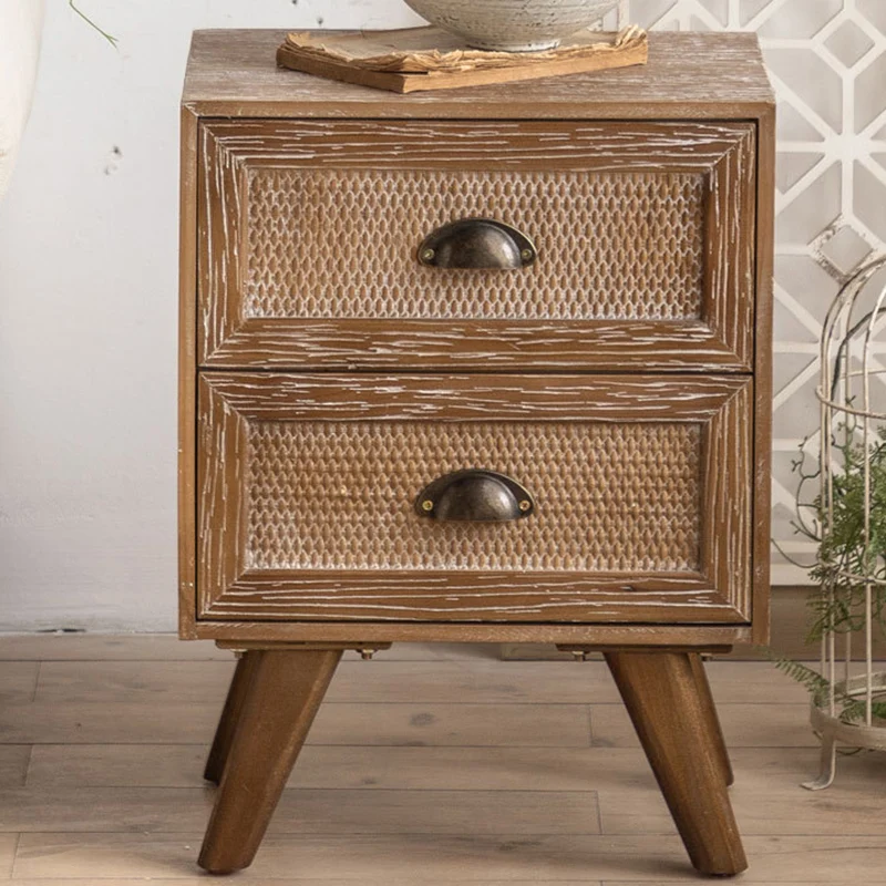 Contemporary Retro Rectangular Bamboo-Look Finish Fir Wood MDF Nightstand 2-Drawer Cabinet For Bedroom