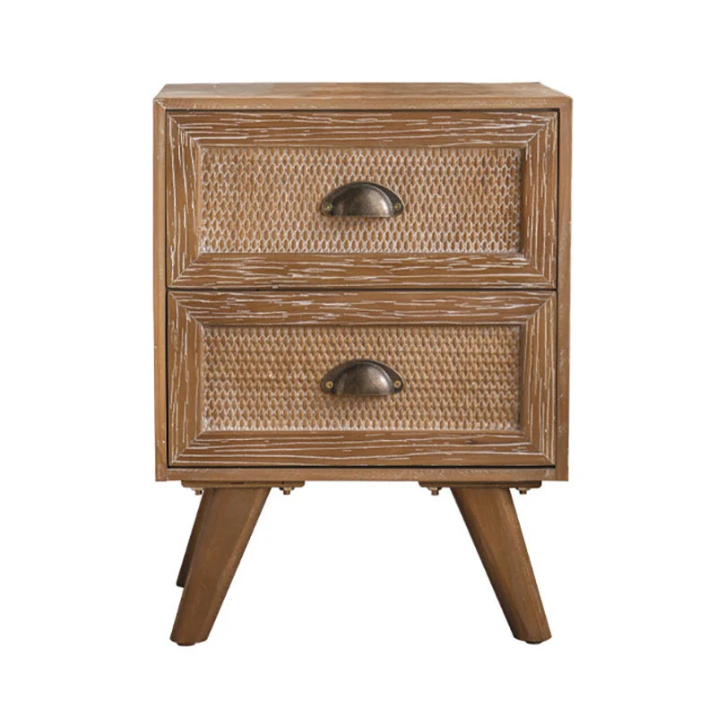 Contemporary Retro Rectangular Bamboo-Look Finish Fir Wood MDF Nightstand 2-Drawer Cabinet For Bedroom