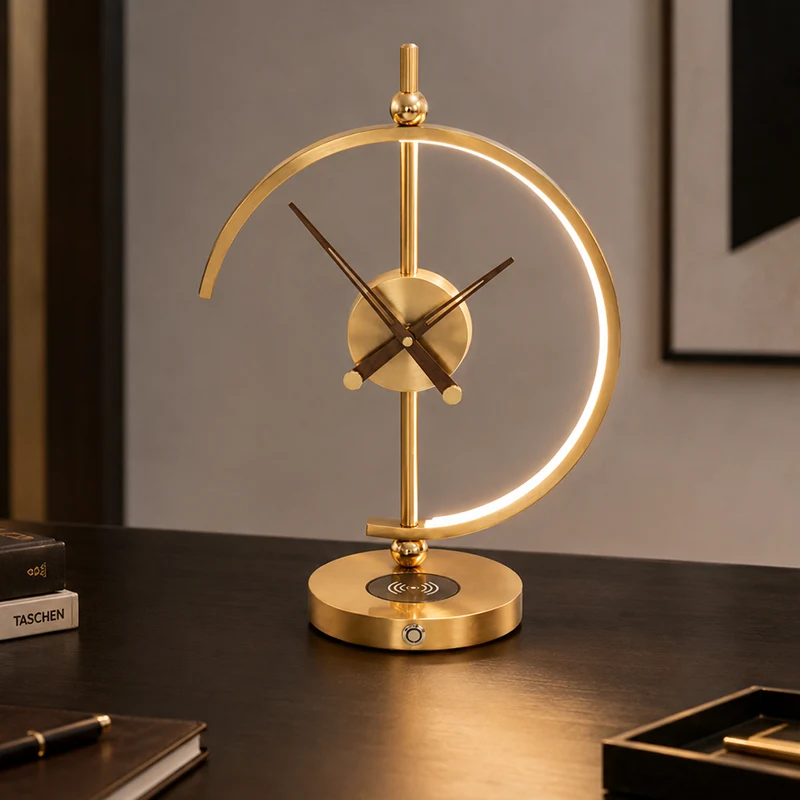 Traditional Vintage Round Clock Aluminum Plastic LED Table Lamp For Living Room