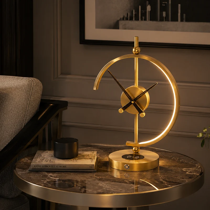 Traditional Vintage Round Clock Aluminum Plastic LED Table Lamp For Living Room
