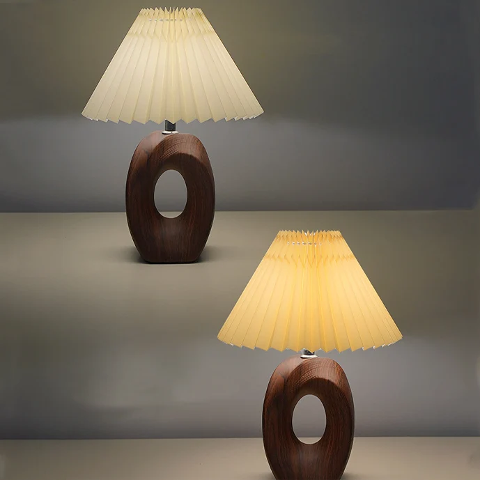 Traditional Japanese Pleated Fabric Shade Wood Grain Ceramic Base USB LED Table Lamp For Bedside