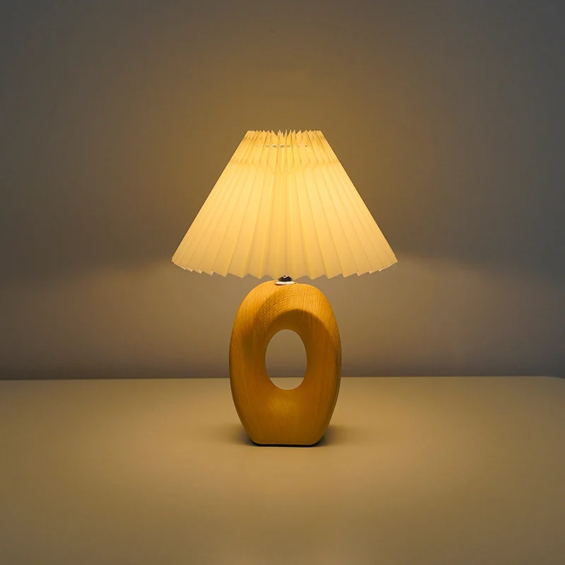 Traditional Japanese Pleated Fabric Shade Wood Grain Ceramic Base USB LED Table Lamp For Bedside
