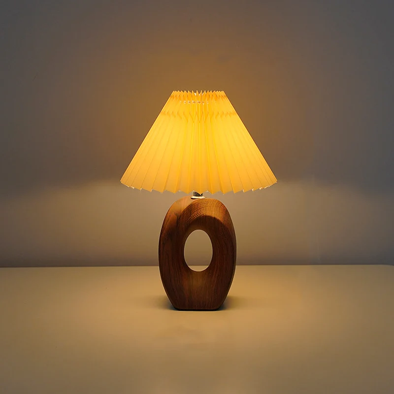 Traditional Japanese Pleated Fabric Shade Wood Grain Ceramic Base USB LED Table Lamp For Bedside