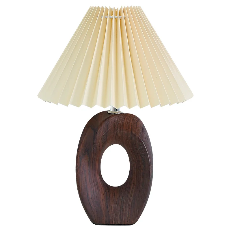 Traditional Japanese Pleated Fabric Shade Wood Grain Ceramic Base USB LED Table Lamp For Bedside