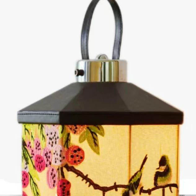 Traditional Chinese Embroidered Fabric Birdcage Shade Hardware USB Rechargeable LED Table Lamp For Living Room
