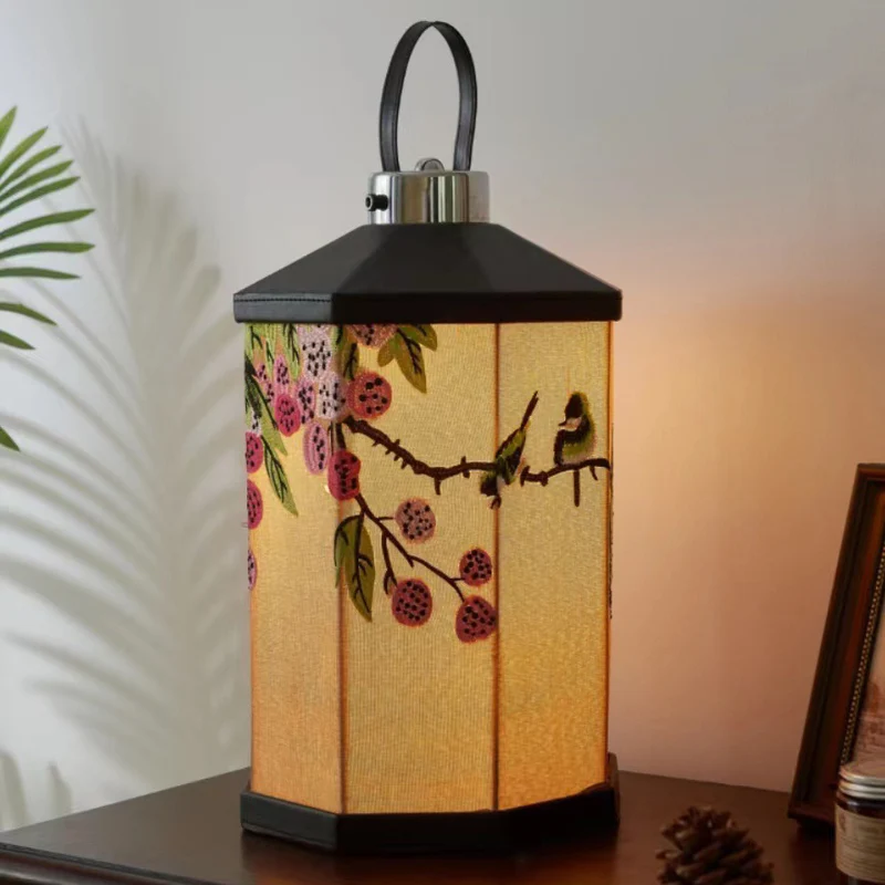 Traditional Chinese Embroidered Fabric Birdcage Shade Hardware USB Rechargeable LED Table Lamp For Living Room