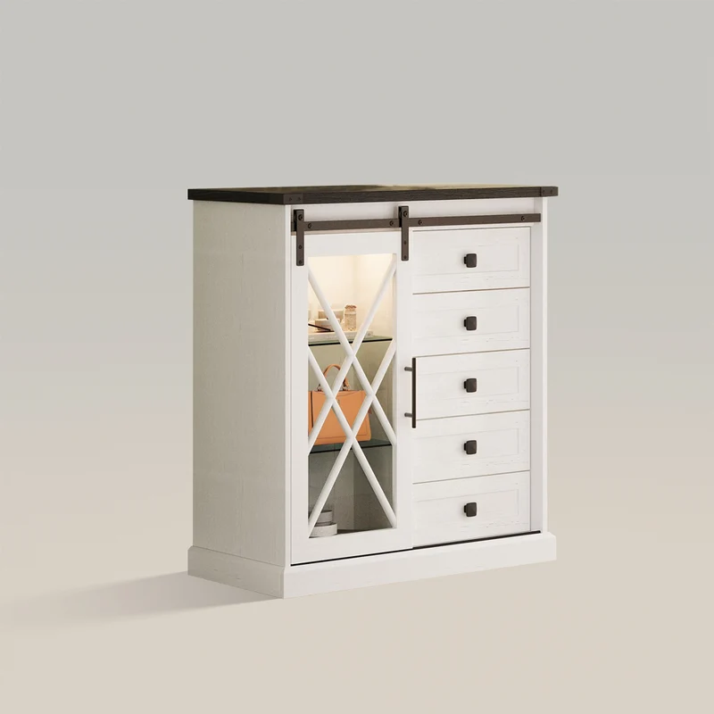 5 Drawer Dresser with Sliding Barn Door Tall Wood Rustic Storage