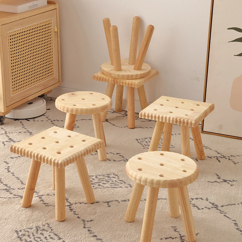 Contemporary Creative Biscuit Rubberwood Round Kids Low Stool For Living Room
