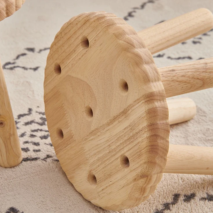 Contemporary Creative Biscuit Rubberwood Round Kids Low Stool For Living Room