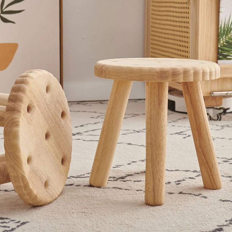 Contemporary Creative Biscuit Rubberwood Round Kids Low Stool For Living Room