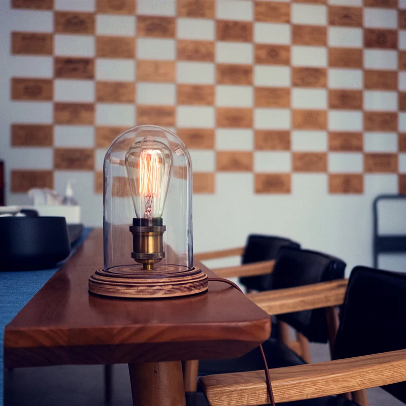 Traditional Vintage Round Cylinder Solid Wood Base Glass Shade 1-Light Table Lamp For Bedroom